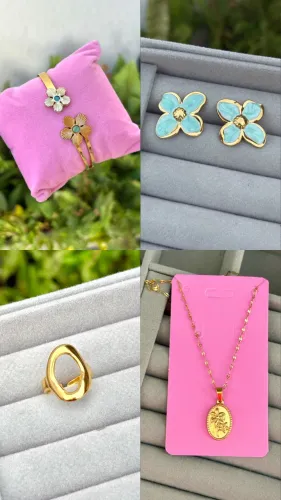 Kit de acessórios (Brinco, bracelete, anel e colar) banhado a ouro 18k - Aço inoxidável