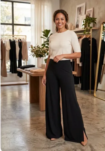 ?luxo  calça pantalona com aberturas nas laterais cor: preta TAM P 
