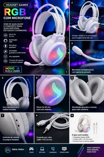 Fone gamer (Headset Gamer) RGB 50mm com Microfone - Novo Nunca Usado