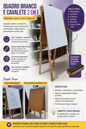 Cavalete 2 em 1: Quadro branco e cavalete para apoio de colha e telas
