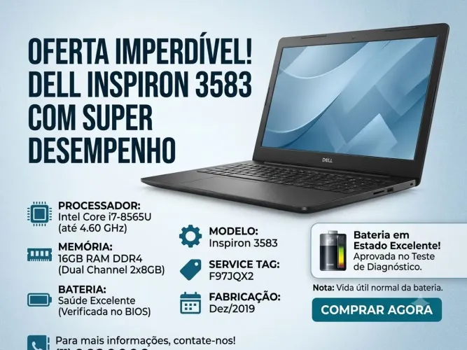Notebook Dell Inspiron 3583 com Intel Core i7 de 8ª Geração e 16GB de RAM