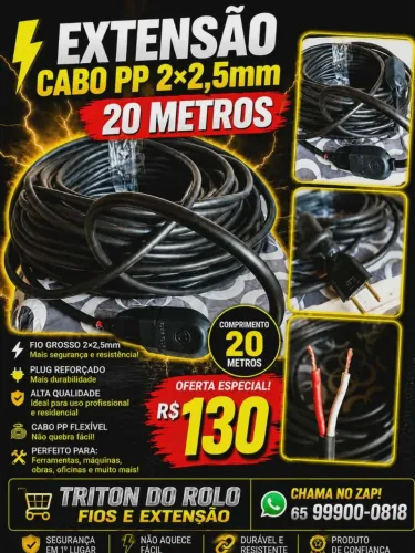 Extensão Cabo PP 2 x 2.5 mm Flexível 20 Metros