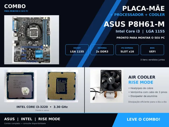 Kit Placa Mãe ASUS P8H61-M + Intel Core i3-3220 + Cooler Rise Mode