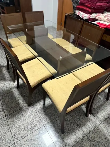Conjunto de Mesa de Jantar com 6 Cadeiras | Madeira e Vidro