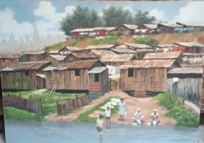 Quadro Ernesto Capobianco Óleo Sobre Tela Favela Lavadeiras 80x60