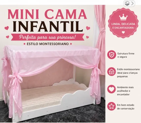 Mini cama montessoriana infantil + dossel rosa