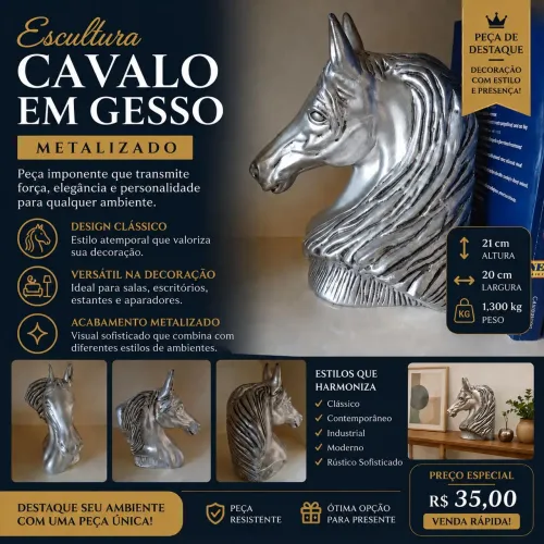 Cavalo em gesso com pintura metalizada
