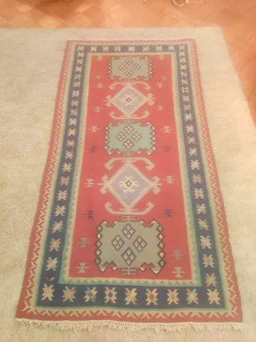 Tapete Kilim Búlgaro Artesanal 213x116cm Dupla Face em Lã Natural Anos 50-70