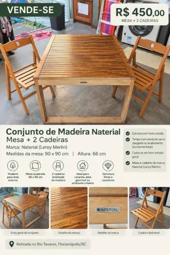 Mesa Jardim + 2 cadeiras Naterial Leroy Merlin madeira ripado