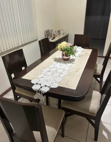 Mesa de Jantar de Luxo + 6 Cadeiras (Madeira Nobre e Pedra Natural)