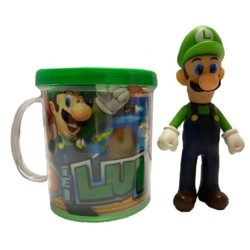 Boneco Luigi do Mario Nitendo Miniatura Original Figura Coleção com Caneca 350ml Brinde