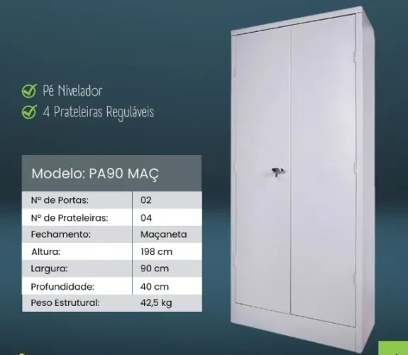 Armário de Aço 02 Portas com 04 Prateleiras - PA90 MAÇ