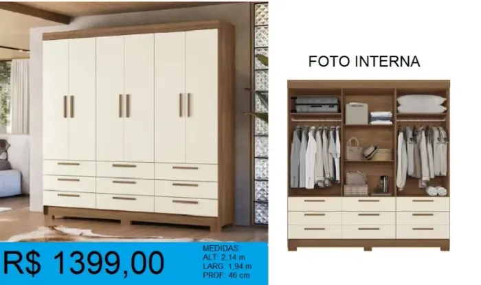 Roupeiro 6 portas e 9 gavetas - Entrega e montagem GRATIS = 10 x sem juros 