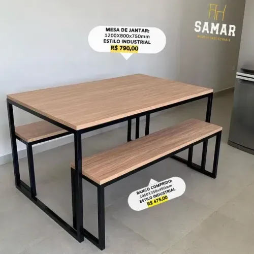 Conjunto Mesa de Jantar + Banco Estilo Industrial - SAMAR Móveis
