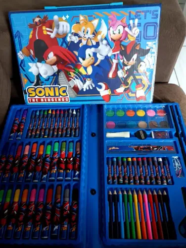R$49.99 kit estojo maleta pinturas infantil sonic caixa de arte sonic desenhar pinturar
