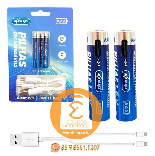 Kit 2 Pilhas AAA Recarregavel Conexão Tipo-C 600mWh 1,5V KP-2700AAA
