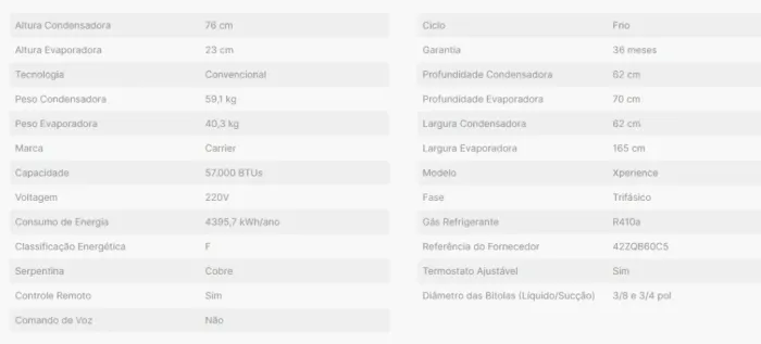 Ar Condicionado Split Teto Carrier 57.000 BTUs (NOVO) - 220V Trif. (4 UNIDADES)