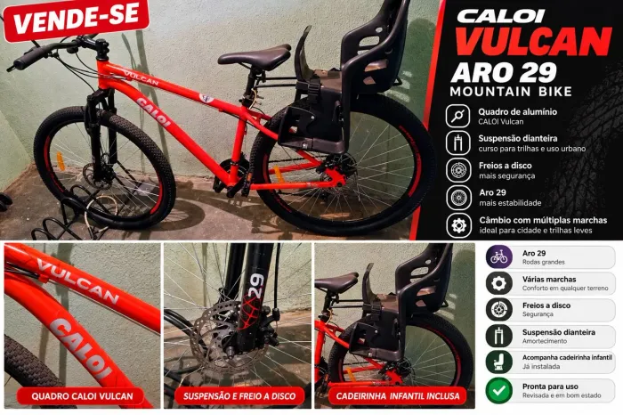 Bicicleta Caloi Vulcan Aro 29 - Freio a Disco + Cadeirinha Infantil