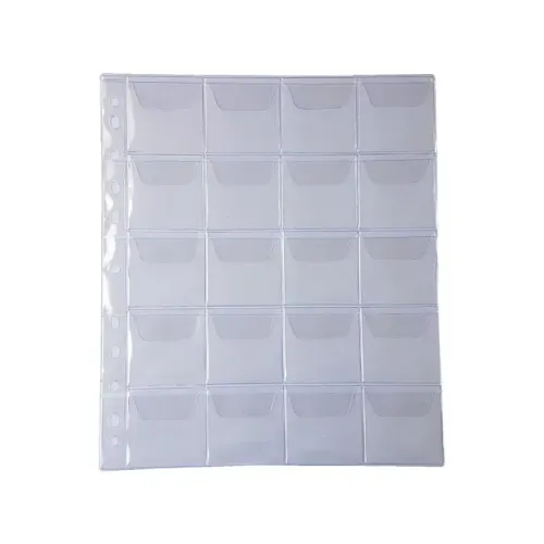 Folha plástica transparente c/ bolsos p/ guardar moeda ou tampinha de garrafa (p/ coleção)