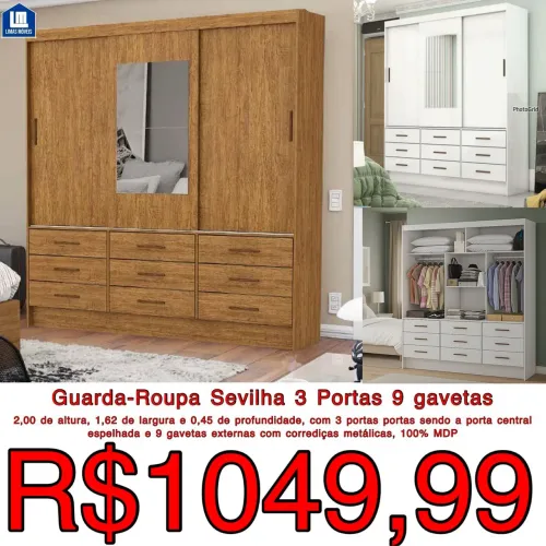 GUARDA ROUPA SERVILHA 3 PORTAS 9 GAVETAS