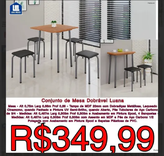 ? 349,99 PROMOÇÃO- mesa dobrável Luana banqueta - frete grátis *