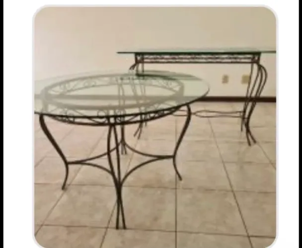 CONJUNTO DE JANTAR VINTAGE - FERRO TRABALHADO + VIDRO - 4 CADEIRAS