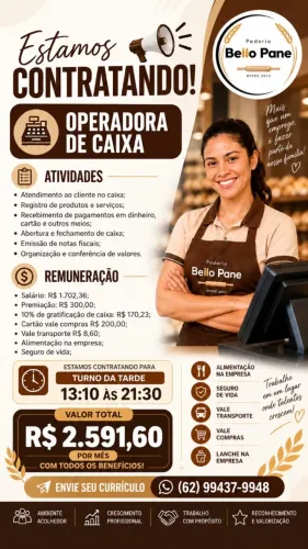 Contrata-se Operadora de Caixa Turno da Tarde