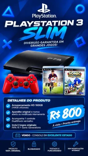 PLAYSTATION 3 SLIM 160GB ORIGINAL E BLOQUEADO - R$ 800