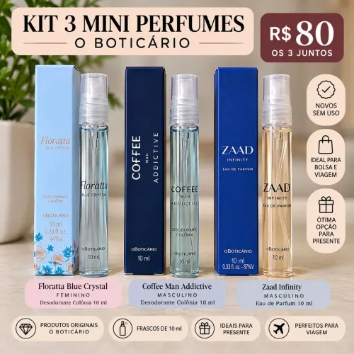 Kit Mini Perfumes O Boticário 10ml - Floratta, Coffee e Zaad