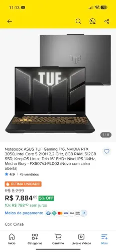 Notebook Gamer Asus F16 tuf rtx 3050 6gb intel - aceito trocas a negociar