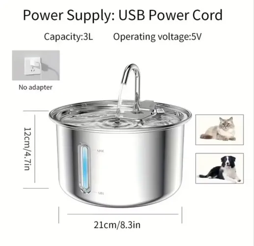 Fonte para Gatos com Filtro - aço - 3L Dispensador de água para Cães Bebedouro Gato