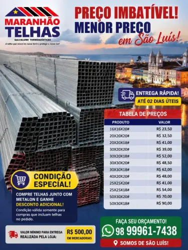 Metalon Galvanizado CH20 ou CH18 (6 metros)