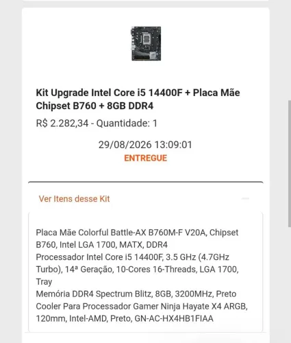 Kit Upgrade Intel Core i5 14400F + Placa Mãe Chipset B760 + 8GB DDR4