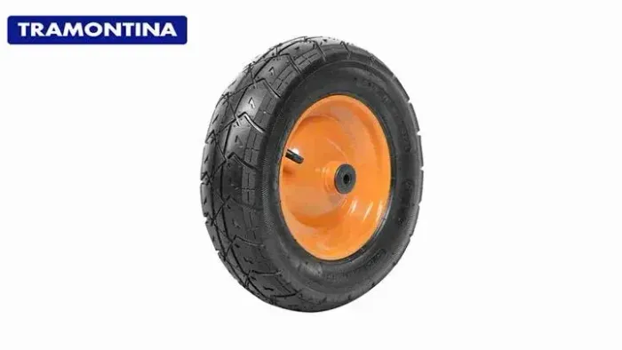 PNEU COM CÂMARA 3.5/8? E RODA METÁLICA TRAMONTIN PARA CARRINHO DE MÃO COM BUCHA PLÁSTICA