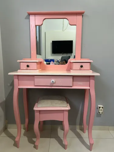 Penteadeira Camarim Rosa com Espelho e Banqueta