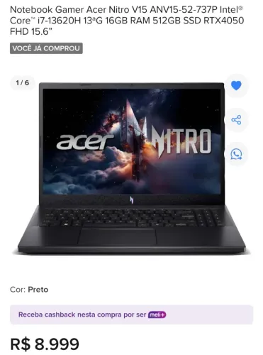 URGENTE! Acer Nitro V15 I7 13°G 16RAM 512SSD RTX4050 LINUX LACRADO GARANTIA 1 ANO ACER