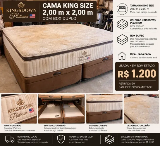 Cama King Size Kingsdown Platinum 2,00 x 2,00 m + Box Baú Duplo
