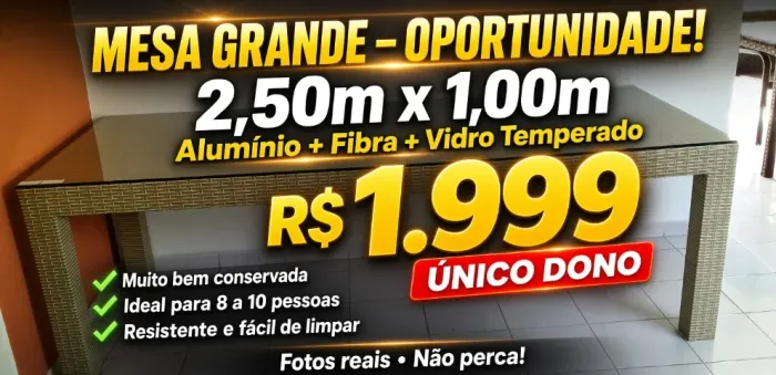 Mesa Grande Oportunidade - Aluminio - Fibra - Tampo Vidro