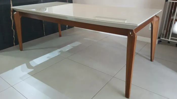 Mesa de Jantar 2,10x1,00 m Tampo de Vidro e Off White