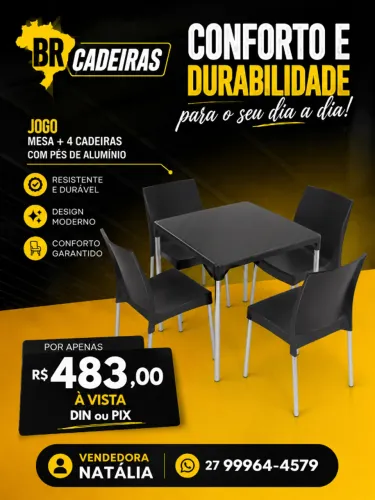 JOGO MESA + 4 CADEIRAS  PÉS DE ALUMÍNIO
