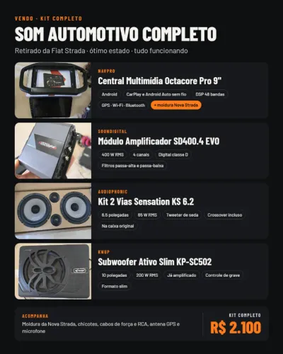 Kit Som Automotivo Multimídia NavPro Octacore 9' + Amplifica SD + Kit 2 Vias + Sub 10 Slim