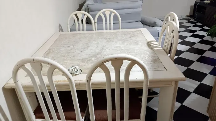 Mesa mesa de madeira maciça com tampo de granito travertino