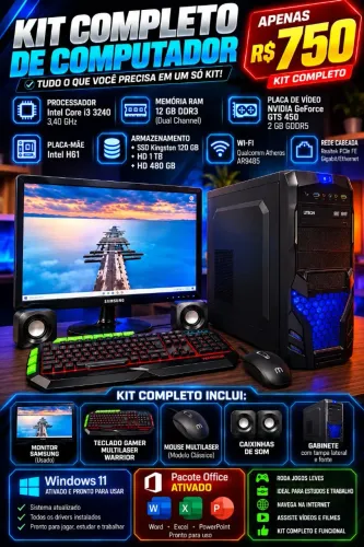Computador Completo I3, 12Gb RAM, 120GB SSD, 2 HDs 1T e 480GB