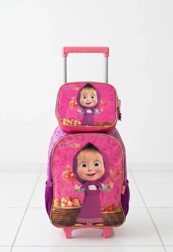 Kit Mochila Infantil de Rodinhas + Lancheira Masha e o Urso
