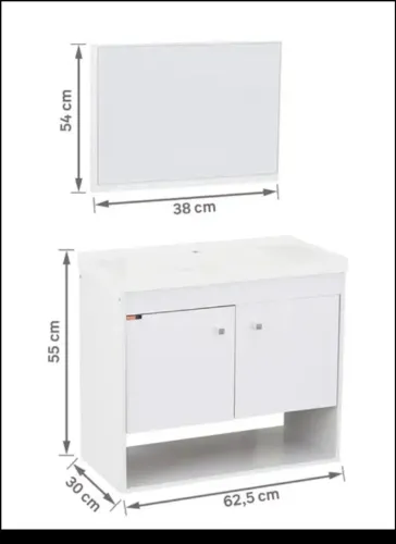 Kit Gabinete para Banheiro com Cuba e Espelho 62,5cm Madeira MDF Branco Sirius Cerocha