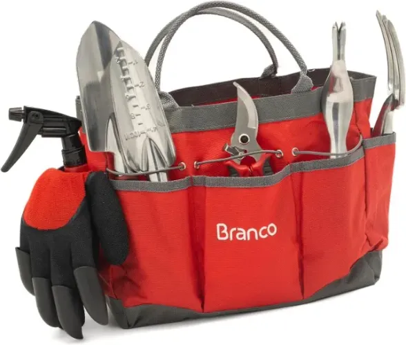 Kit Jardinagem Branco Ancinho, Tesoura De Poda, Pá, Avental Cor Vermelho