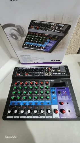 Mesa de Som Teyun A8 8 Canais Bluetooth USB + Interface de Áudio na Caixa