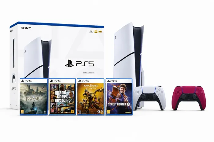 PS5 com 2 controles e 4 jogos