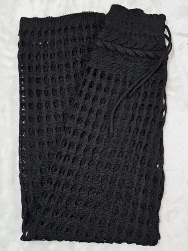 Calça Saída de Praia Preta Feminina Tricô Verão Crochê Trança Pantalona