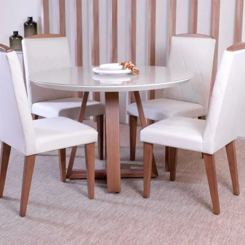 Mesa de Jantar Redonda com Vidro 4 Lugares Bennett 115 cm Natural/Off White